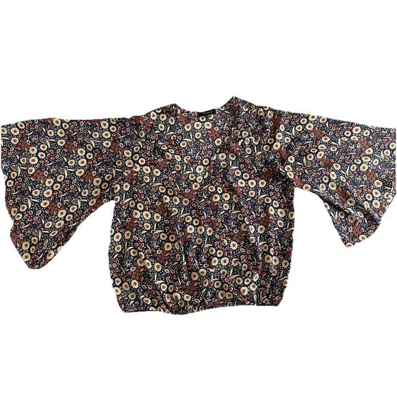 Sanctuary Flared 3/4 Bell Sleeve XL Boho V-Neck Navy Red Floral Blouse - Picture 3 of 10